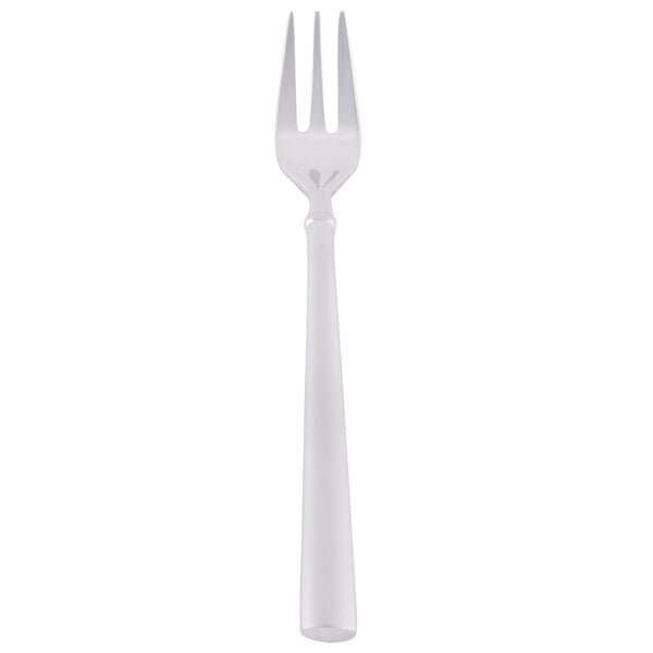 A stainless steel Libbey cocktail fork with a white handle.
