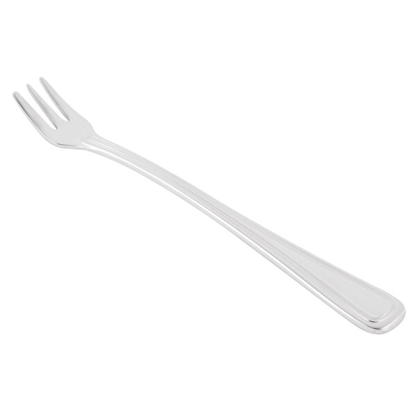 A Libbey stainless steel cocktail fork with a silver handle on a white background.