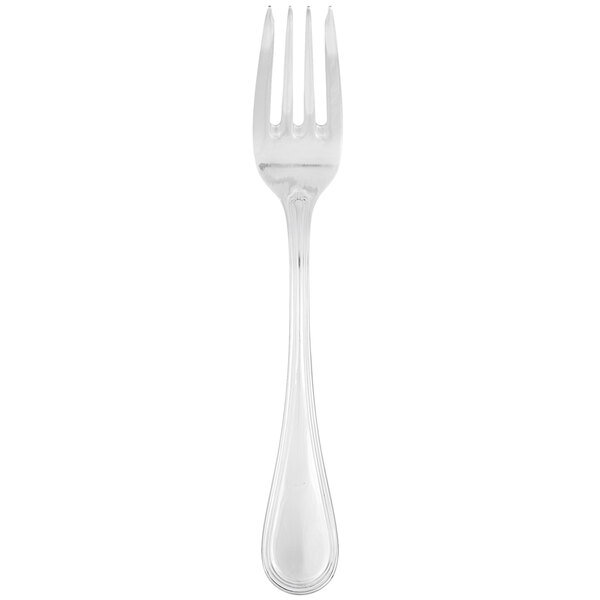 A stainless steel salad fork with a silver handle.