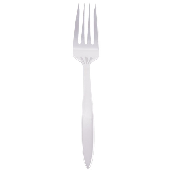 A Libbey stainless steel salad fork with a white handle.