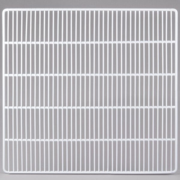 A white coated wire grid shelf with a grid pattern.