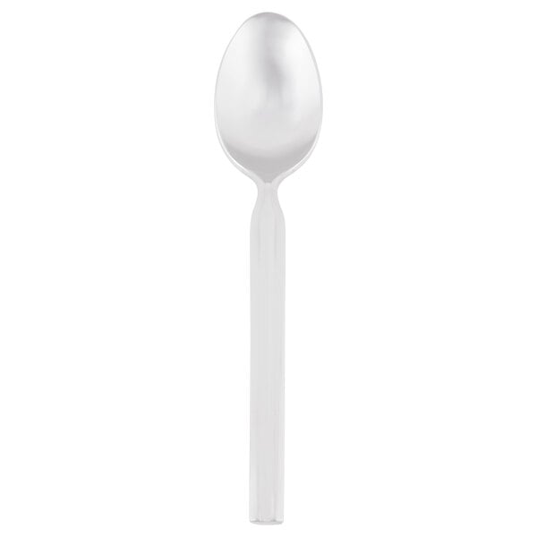 A Libbey stainless steel teaspoon with a white handle and a silver spoon.