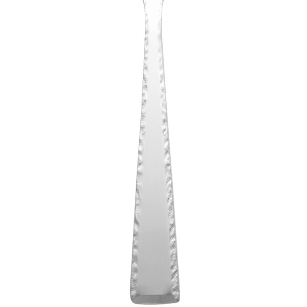 A silver stainless steel Libbey Conde dinner knife with a curved design.