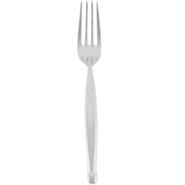 A silver World Tableware Esquire salad fork with a black handle.