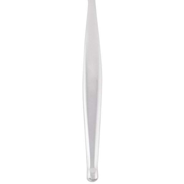 A close-up of a World Tableware stainless steel salad fork with a black rectangular handle.
