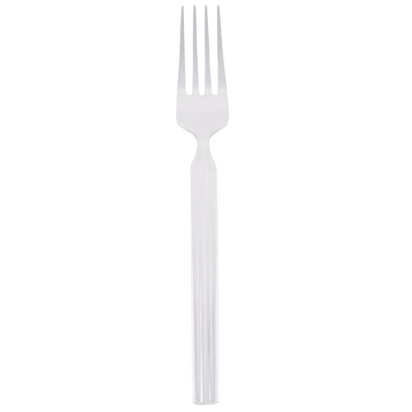 A Libbey Madison stainless steel dinner fork with a white handle.