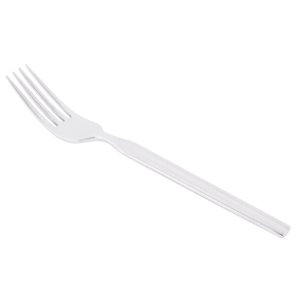 A silver Libbey Madison dessert fork with a white background.