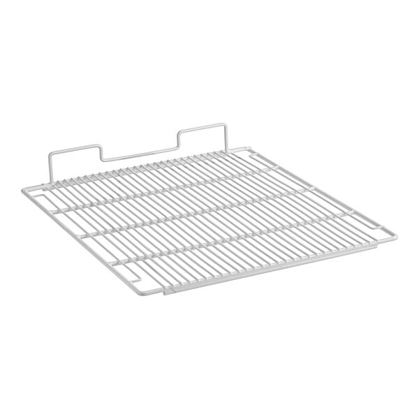 A white metal rack with a grid and handles.