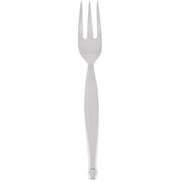 A close-up of a World Tableware stainless steel mini fork.