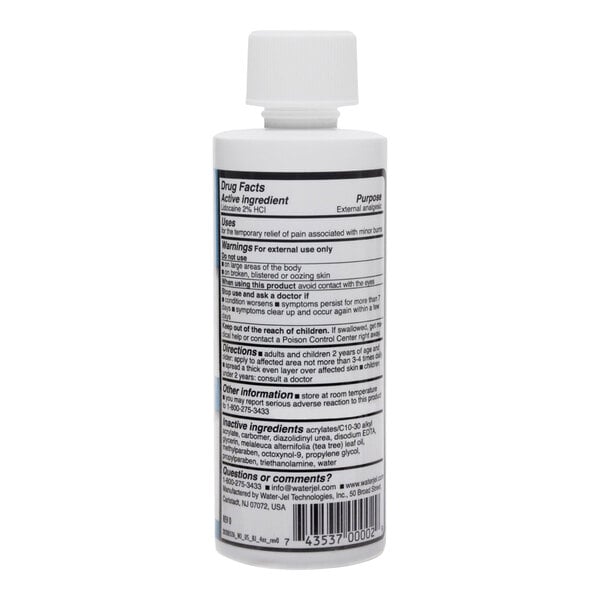 A white plastic bottle of Medique Water-Jel Burn Jel, 4 oz size, with a label listing drug facts and usage instructions.