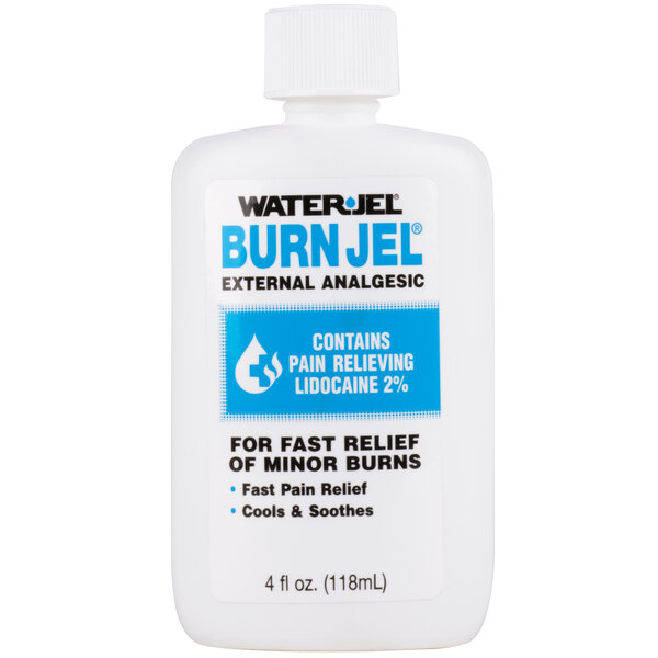 A white Medique bottle with a blue label and blue text reading "Burn Jel" 