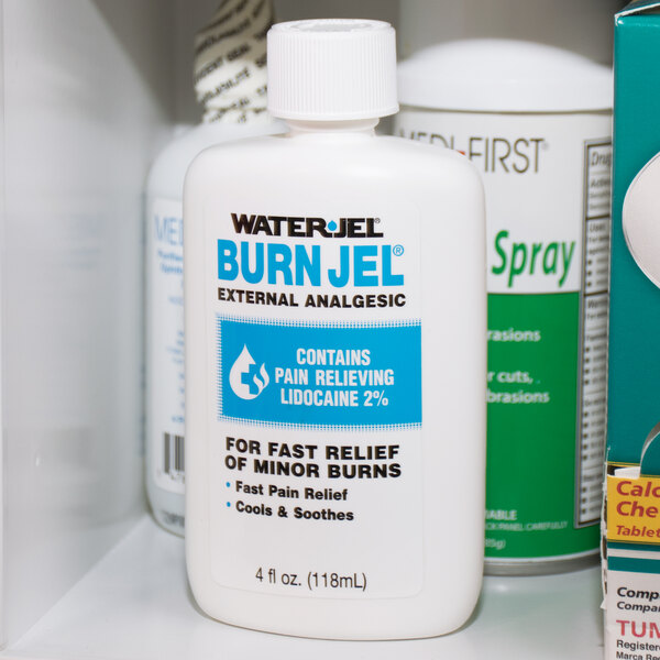 A white Medique bottle with blue text for Burn Jel.