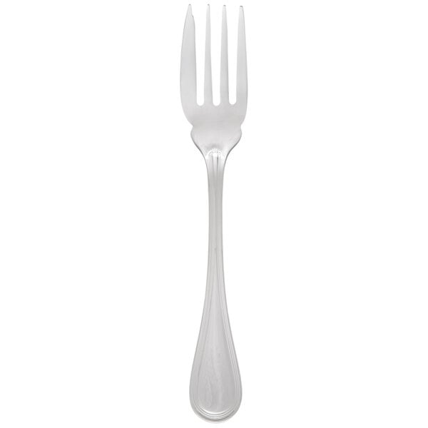 A silver fork with a white handle.