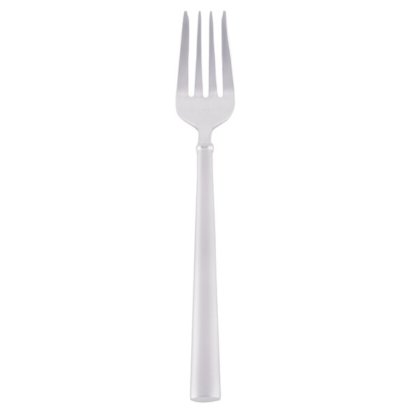 A silver stainless steel salad fork with a long handle.