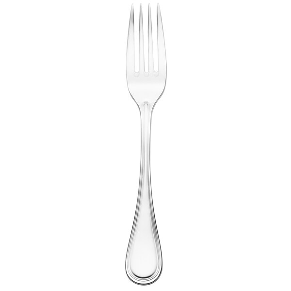 A silver Libbey Geneva utility/dessert fork with a white handle.