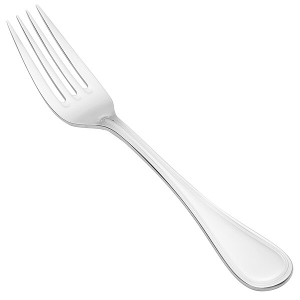 A Libbey stainless steel dessert fork with a silver handle.
