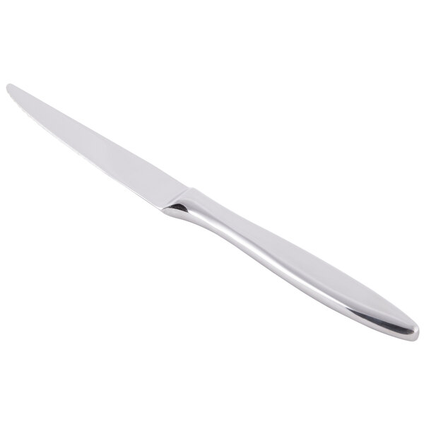 A close-up of a Libbey stainless steel steak knife with a silver handle.