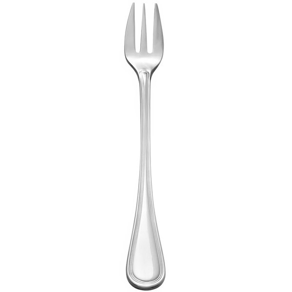 A stainless steel Libbey cocktail fork with a silver handle.