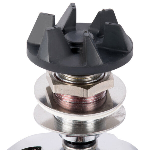 A close up of a Waring blending assembly with metal and black parts.