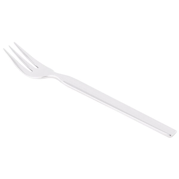A Libbey stainless steel cocktail fork with a white handle on a white background.