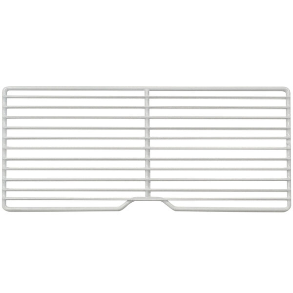 A white metal grid shelf with many horizontal lines.