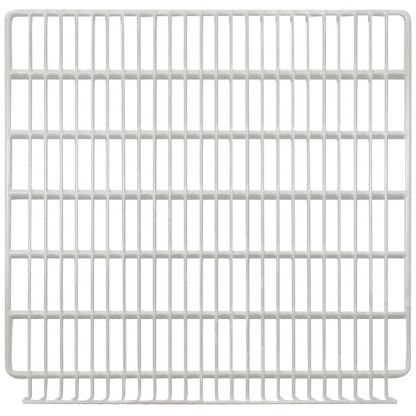 A white metal grid shelf with coated wire bars.