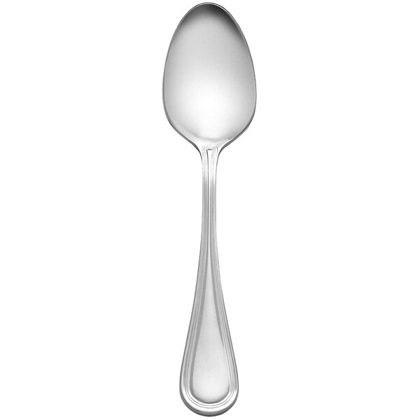 A silver spoon with a white background.