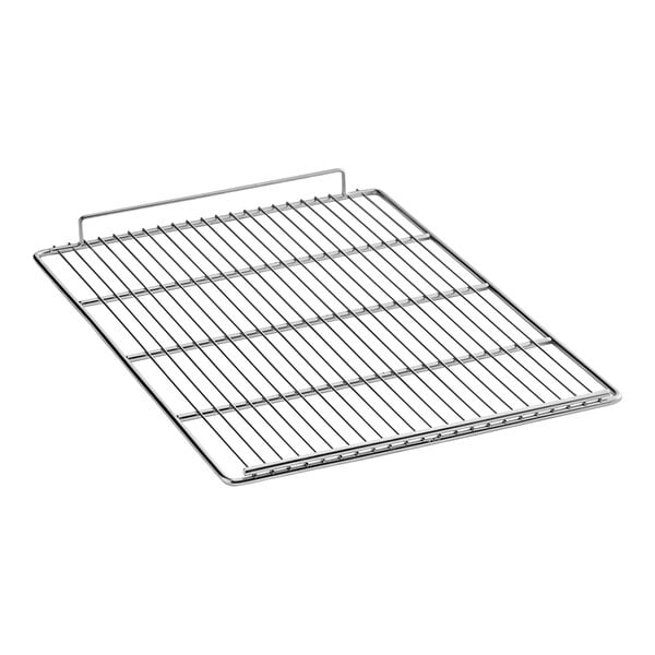 A stainless steel wire shelf for a Turbo Air refrigerator with a grid on it.