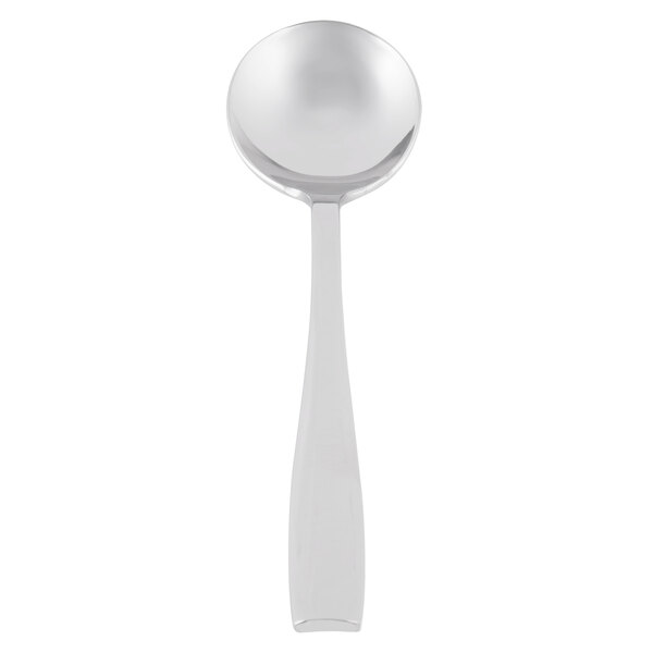 A stainless steel Libbey Quartet bouillon spoon with a black handle.