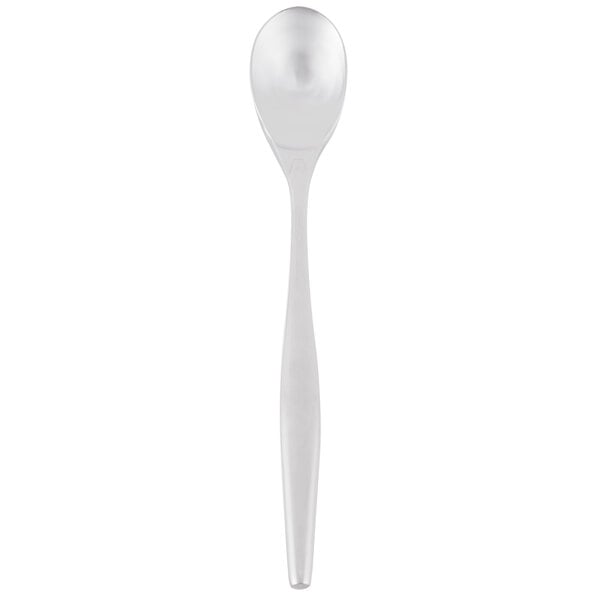 A stainless steel iced tea spoon with a white handle and a silver spoon.