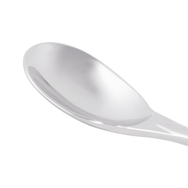 A close-up of a Libbey Slenda stainless steel iced tea spoon with a silver handle.