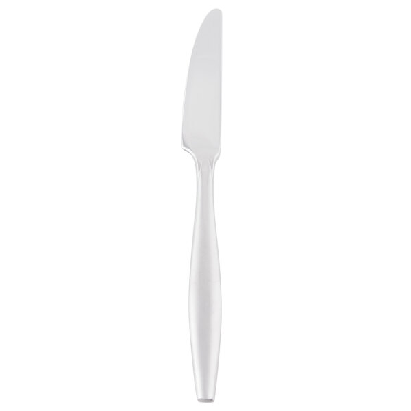 A silver knife with a white handle.