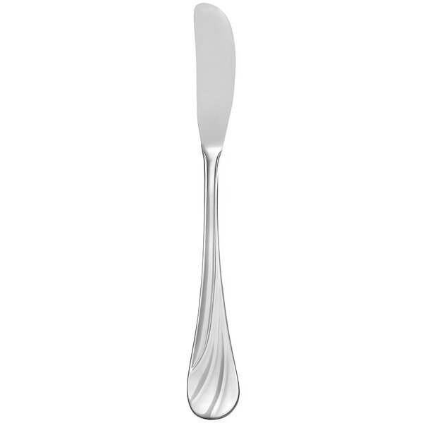 A silver Libbey butter spreader with a long handle.