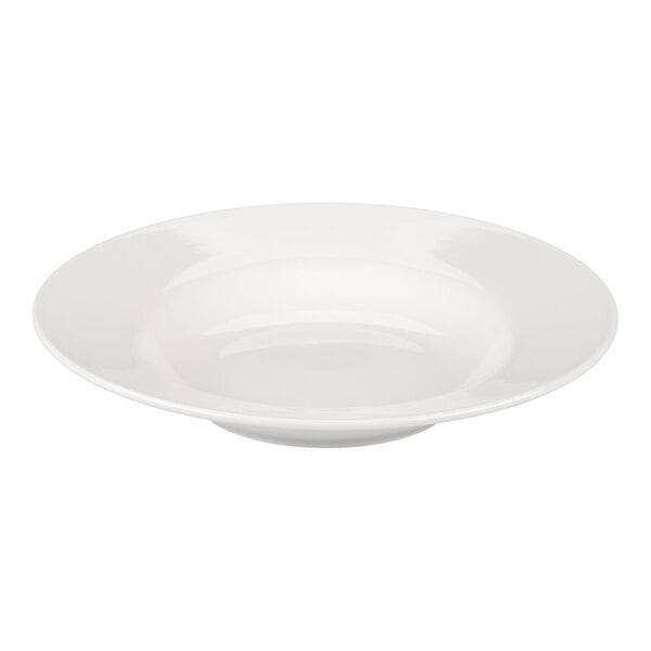 A white, wide-rimmed porcelain bowl with a shallow center, shown against a plain background.