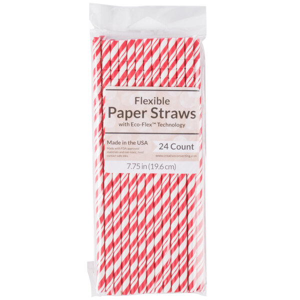 A package of Creative Converting paper straws with red and white stripes.