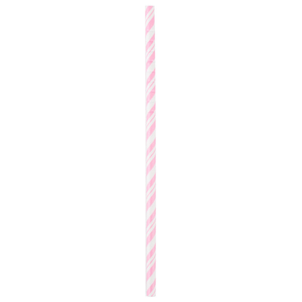 A pink and white striped straw with a white handle.