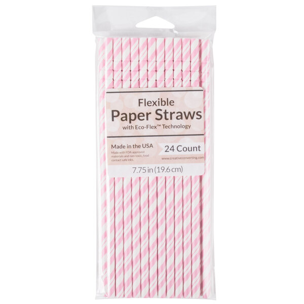 A package of Creative Converting jumbo pink and white striped paper straws.