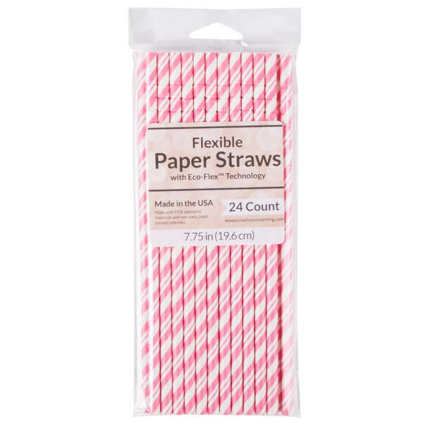 A package of Creative Converting pink and white striped paper straws.
