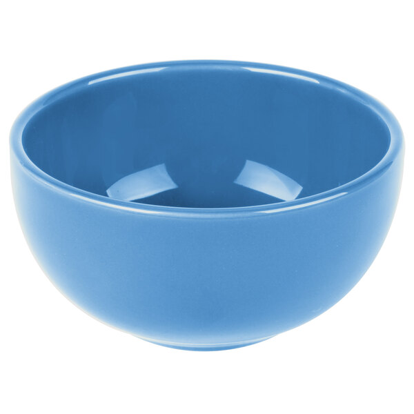 A blue Libbey porcelain bouillon bowl on a white background.