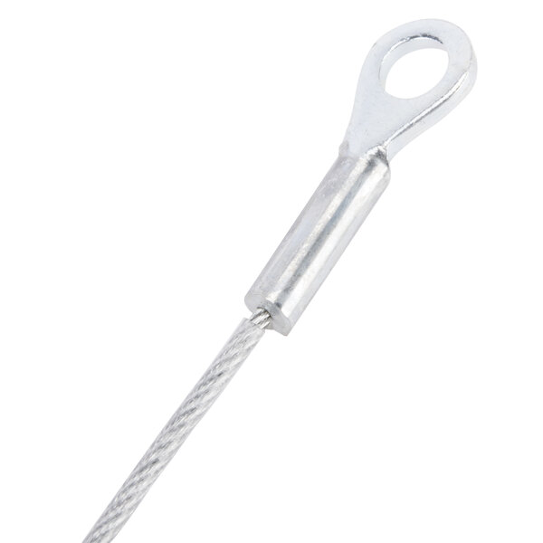A close-up of a silver metal cable with a hook on the end.
