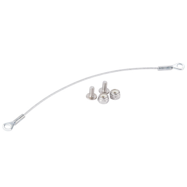 A metal cable with two screws attached to a Commercial Zone waste container.