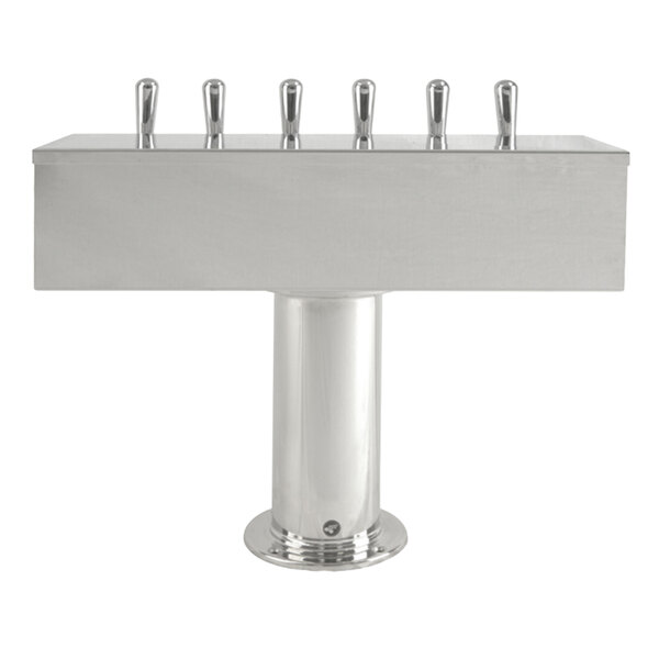 A stainless steel beer tower with six tap handles in a T-style design and a 4-inch column.
