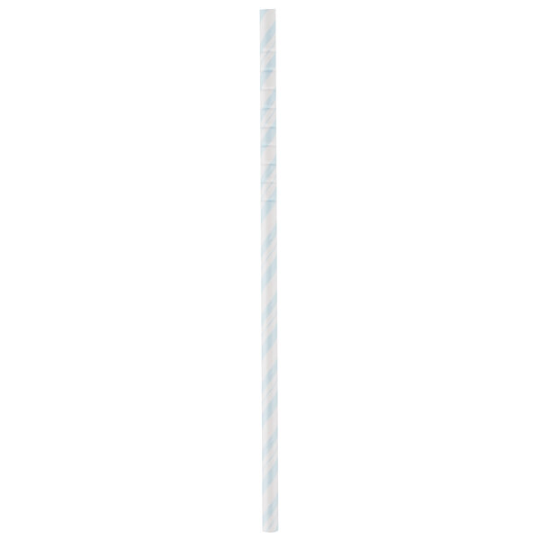 A blue and white striped paper straw with a white handle.