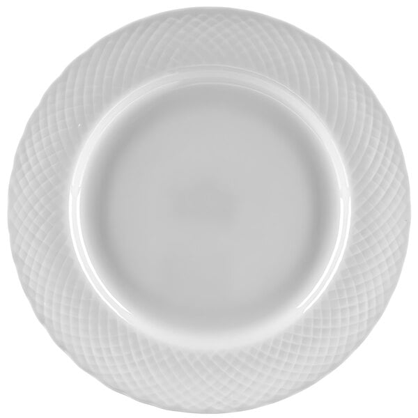 A 10 Strawberry Street White Wicker porcelain salad/dessert plate with a white wicker pattern.