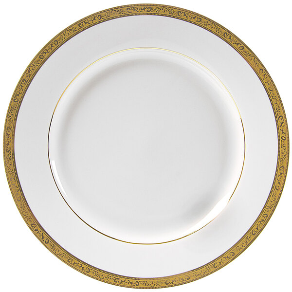 A white porcelain plate with gold trim.