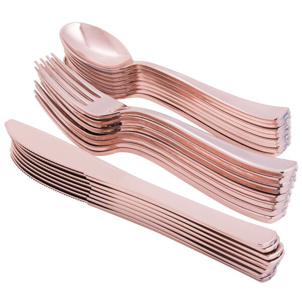 Rose Gold Plastic Cutlery Pack w/ Knife, Fork, & Spoon 12/Case