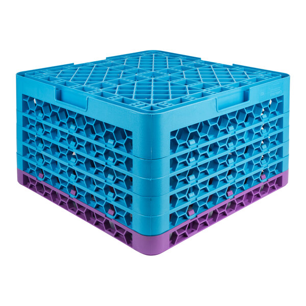 A blue and lavender plastic glass rack with 20 compartments and five stackable extenders.