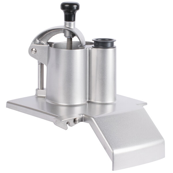 A stainless steel Robot Coupe feed head with a black handle.