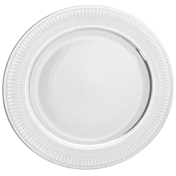 A white porcelain plate with a silver rim and decorative border.