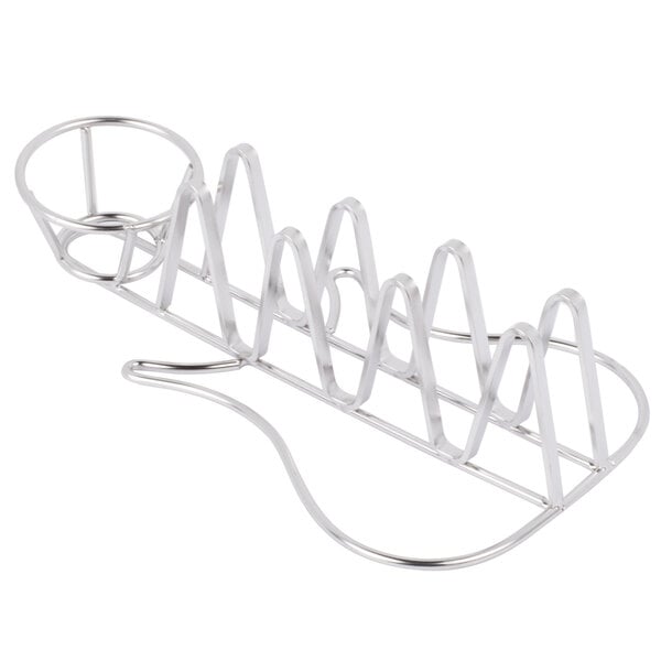 A stainless steel Clipper Mill taco holder shaped like a guitar.